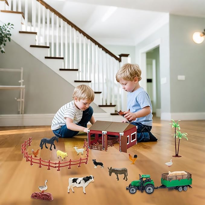 BOLZRA Mini Barn Playset, 66PCS Plastic Animals Figurines and Fence, Farm Figures Farmer Vehicle Toy Truck with Trailer for 3-12 Years Old Kids Boys Girls Toddlers