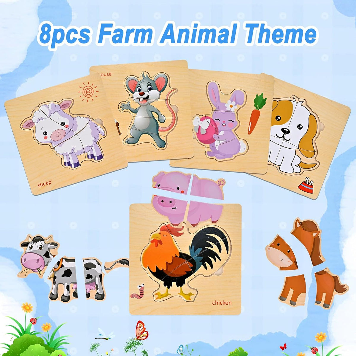 8pcs Wooden Puzzles for Toddlers 1-3, Toddler Puzzles Ages 2-4 – Fun for Kids & Family - Farm Animal - image 3