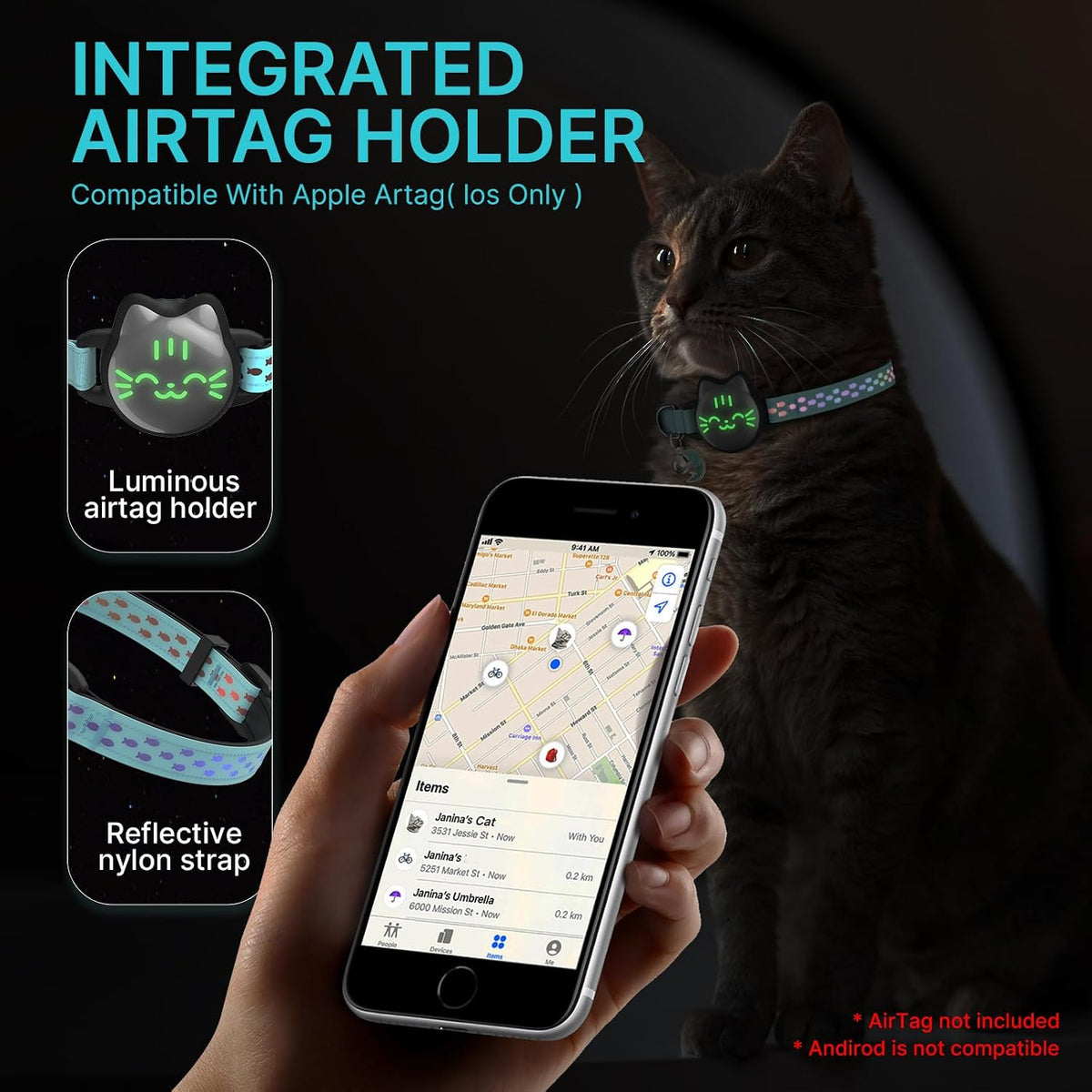 AirTag Cat Collar, Reflective Breakaway Collar - Mint Green / Small(9-13inch) - image 2
