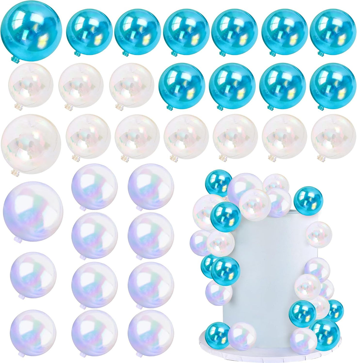32 PCS Colorful Ball Shaped Cake Topper Pearl Balls Cupcake Cake - White Clear Blue and Clear