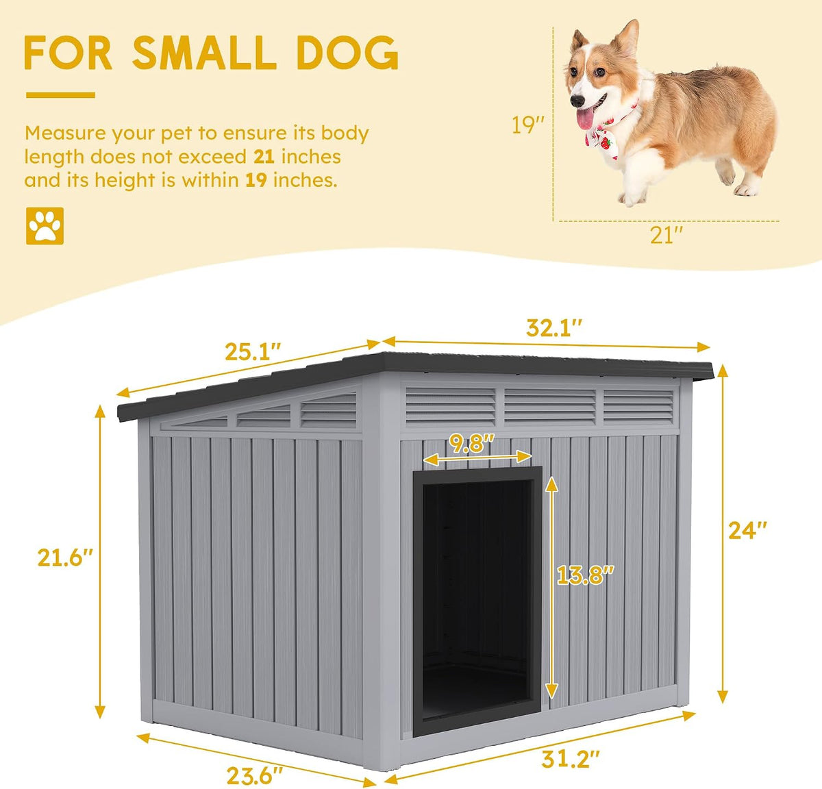 Fancyango Outdoor Dog House for Large Dogs - Grey / 32.1" L x 25.1" W x 24" H - image 4