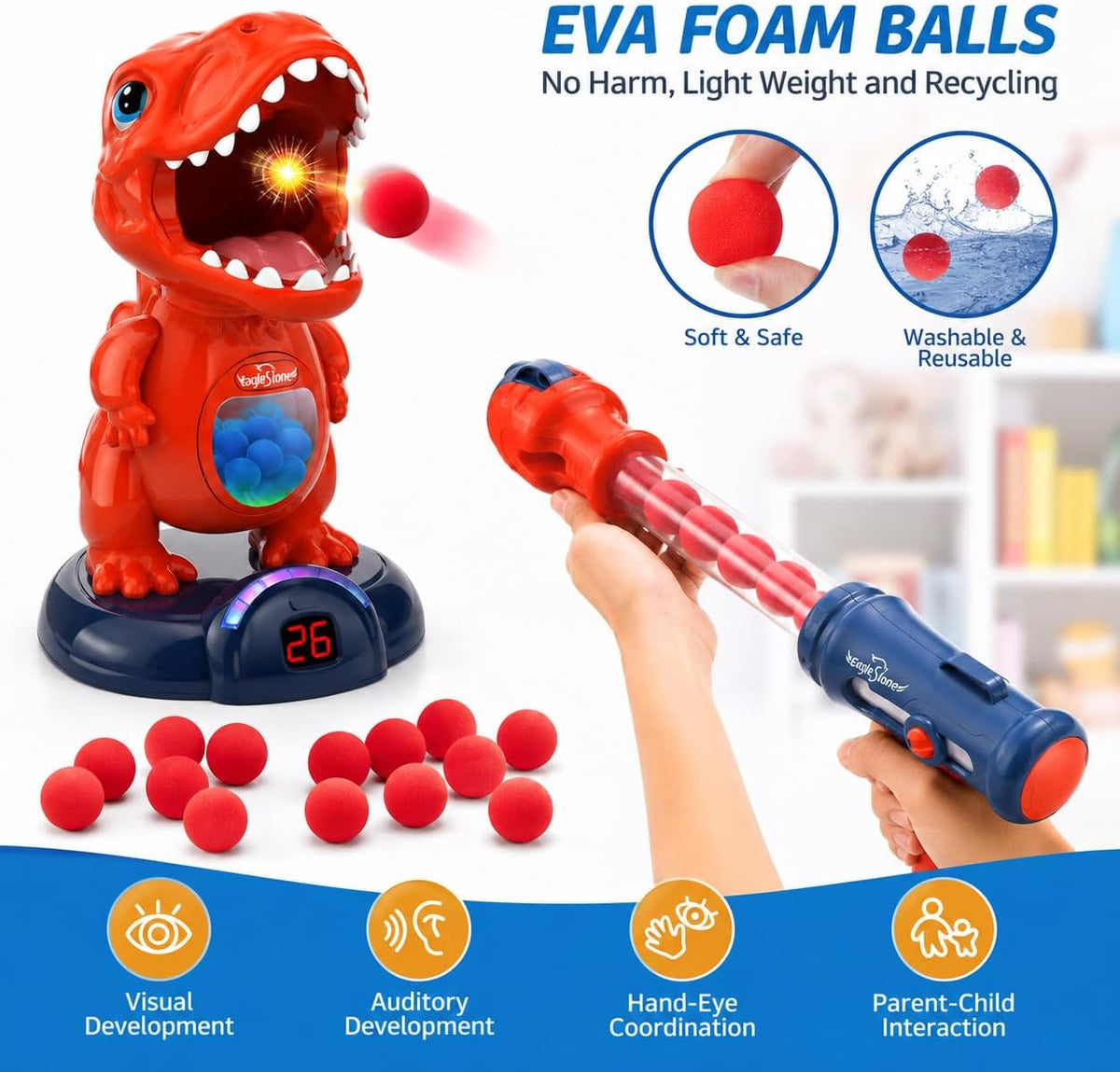EagleStone T-Rex Dinosaur Shooting Target Game Toys with Air Power - 6b-red - image 4