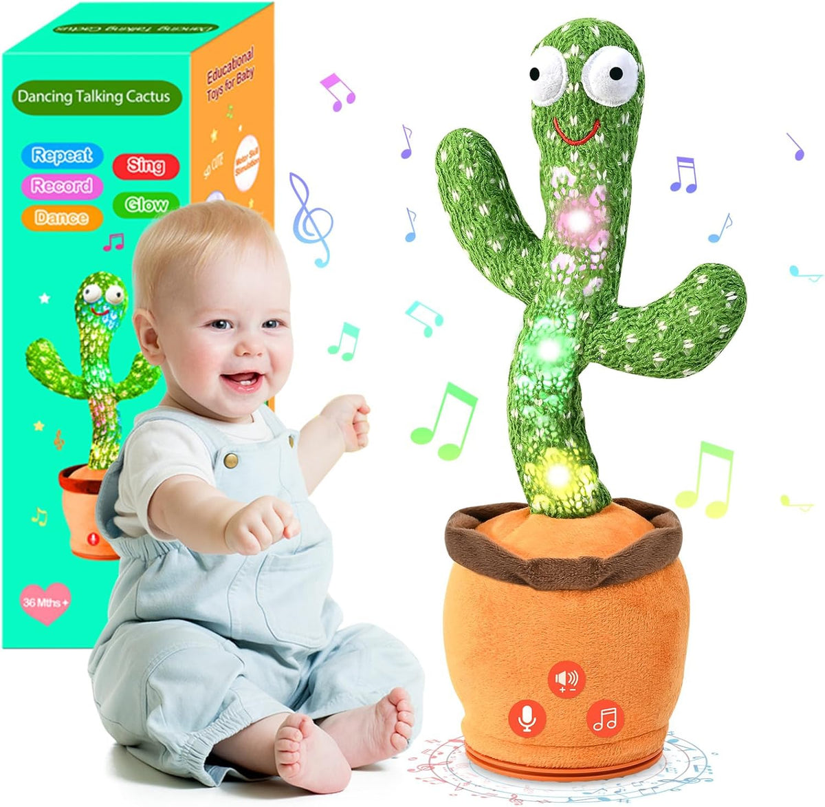 TWORIVER Adjustable Volume Dancing Talking Cactus Toy for Baby - Non-rechargeable-Green