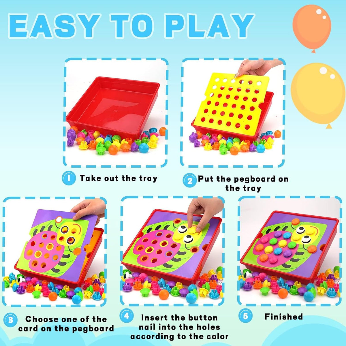 Button Art Toys for Toddlers Ages 3+, Mosaic Peg Board – Fun for Kids & Family - bug - image 4