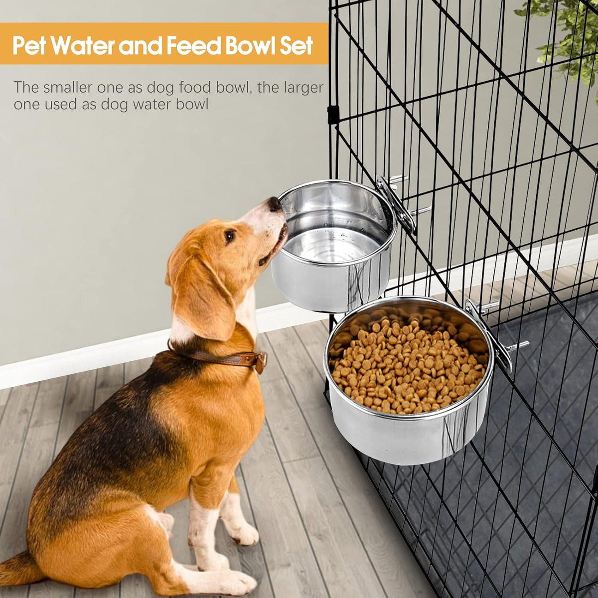 2 Pcs Stainless Steel Small Dog Crate Food Water Bowl - M (45 & 41 OZ) / Silver - image 3