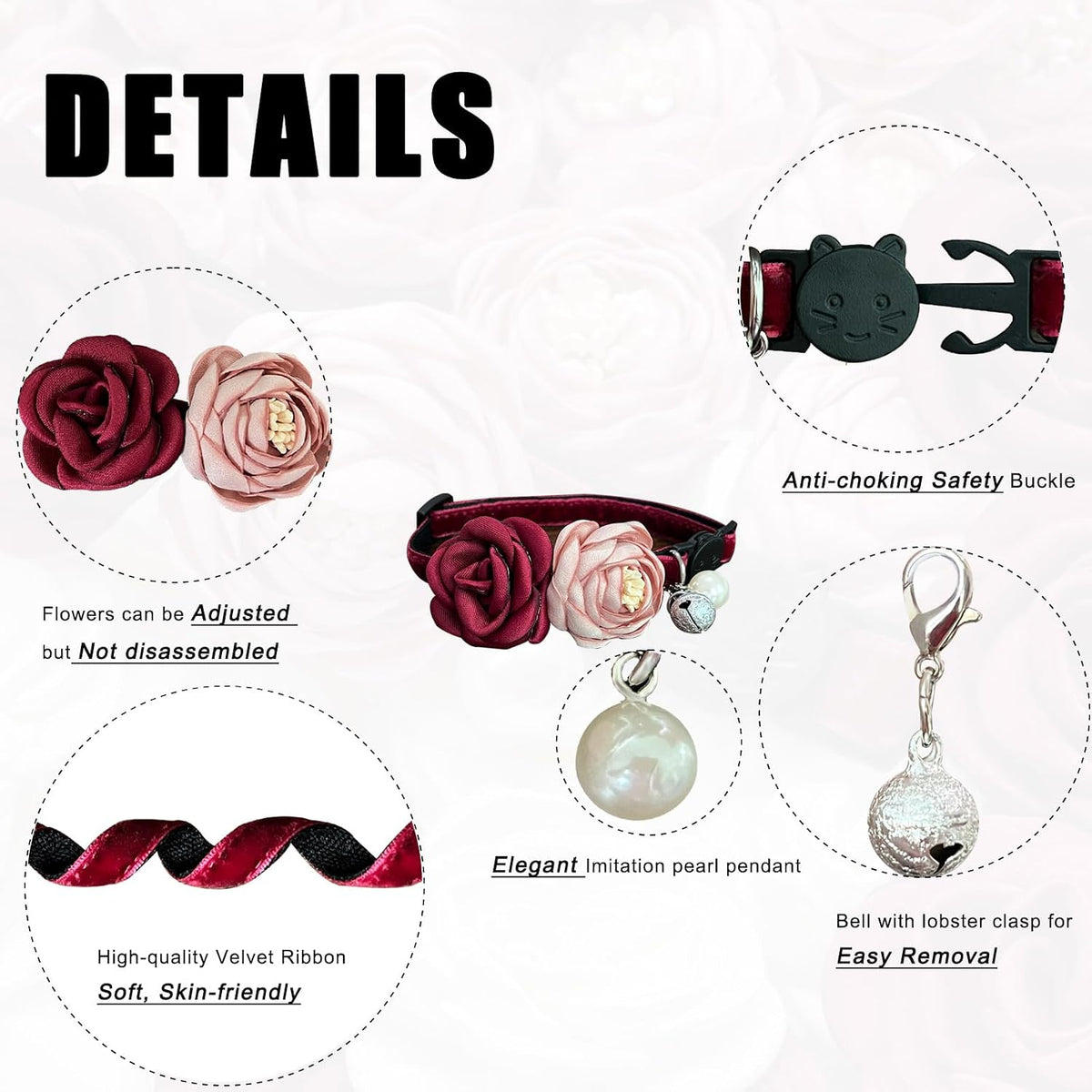 Fupo Cat Collar, Breakaway Adjustable with Bell& Flower - Red #2 - image 2