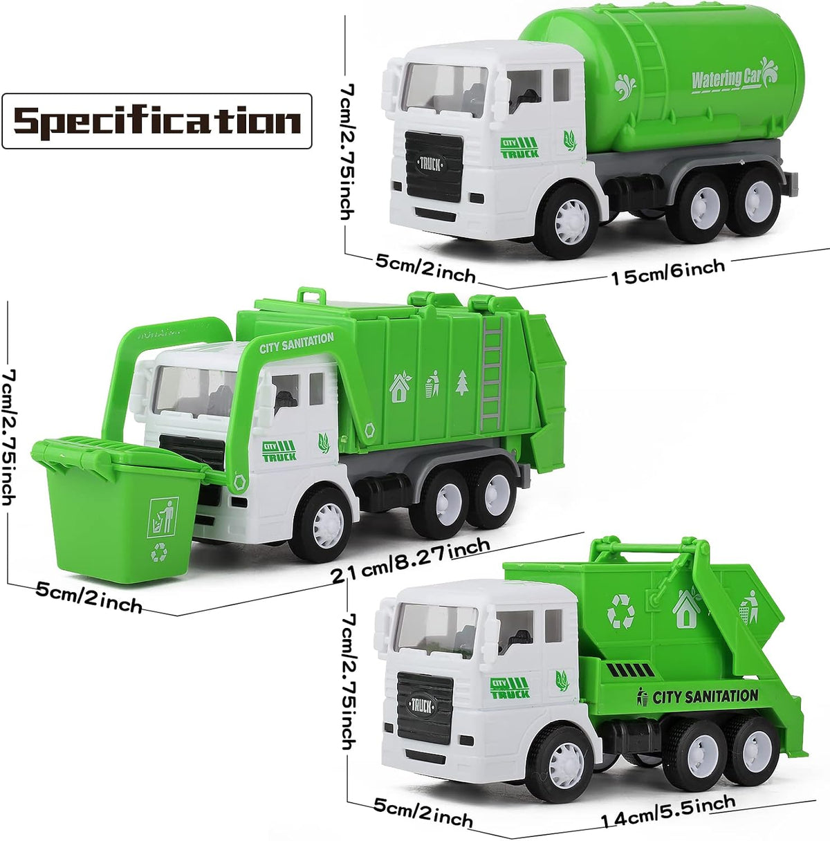 Y.L. DOYMX green garbage truck toy playset with four trucks, sorting bins, cards and play mat - view 6