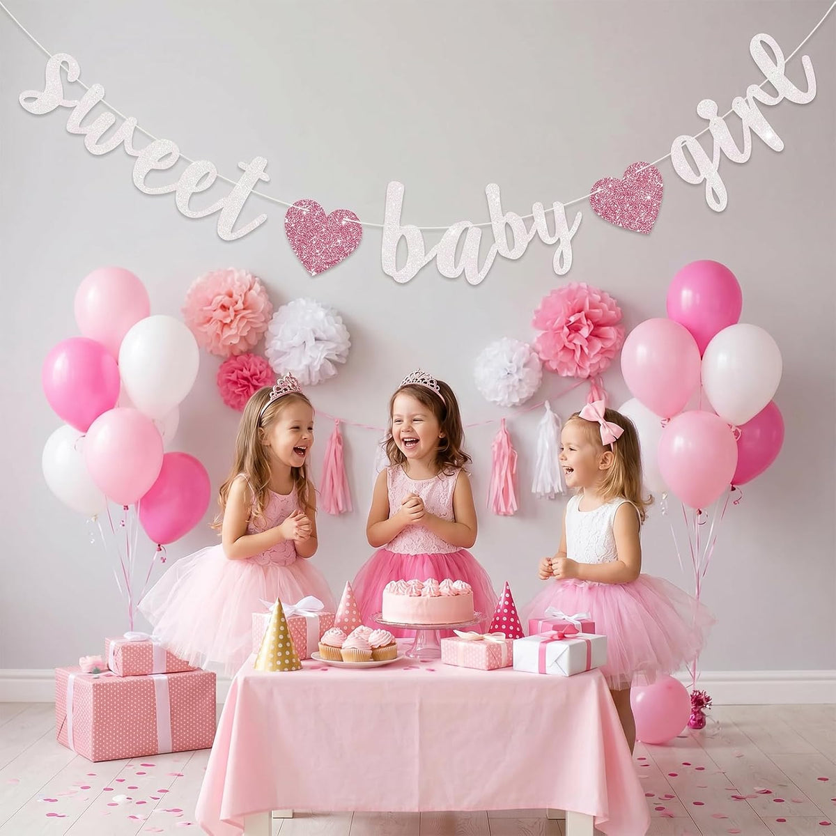 BEISHIDA Pre-Strung Glitter Champagne Girl Baby Banner Baby Shower - White Pink​ - image 4