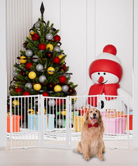 Full Metal Freestanding Dog Gate with Door, 32''Height Foldable Pet Dog Fence for Indoor & Outdoor, 4 Panels Extra Wide Free Standing TallDog Gates for Doorways,House,Stairs,Porch,Deck,Yard