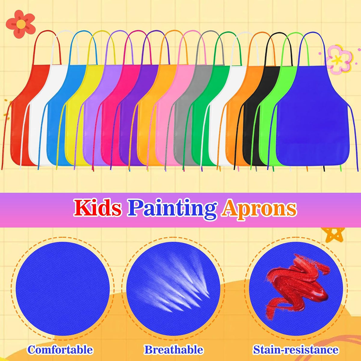 PLULON kids painting aprons in 12 bright colors with ties - view 17