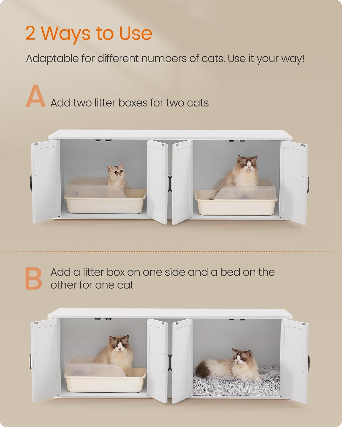 Feandrea Double Cat Litter Box Enclosure for 2 Cats, Front Entry – Essentials for Cats - Cloud White / XXL (59"L x 19"W x 19.5"H) - image 3