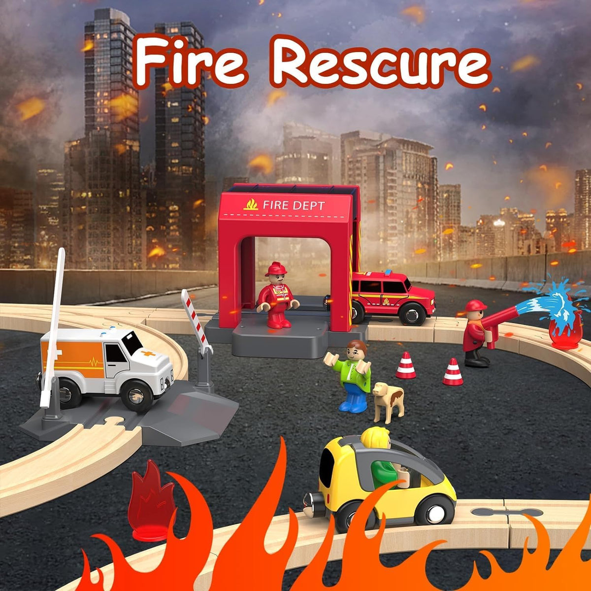 Giant bean 72PCS Fire Station Wooden Train Track Electric Train Set – Fun for Kids & Family - Fire Station Train Set - image 2