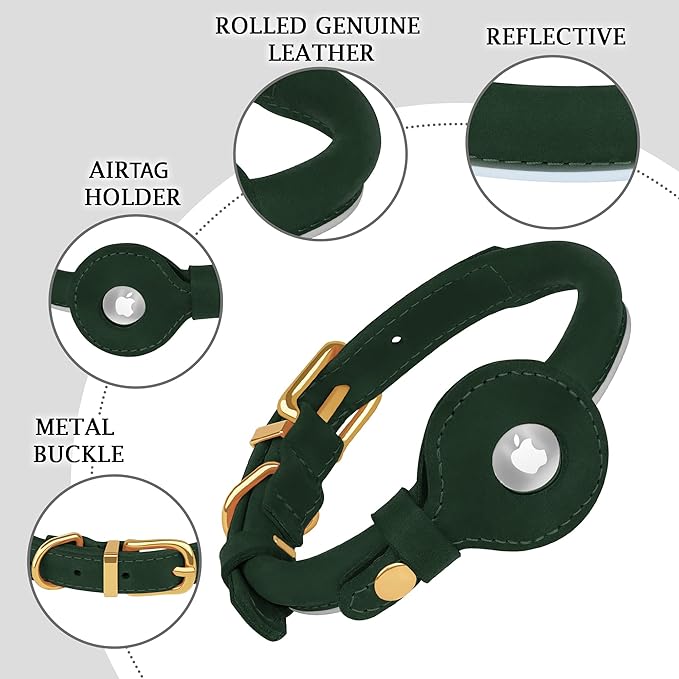 OOPSDOGGY Rolled Leather Dog Collar with Airtag Holder - Reflective Round Airtag Dog Collar - Soft Tracking Pet Collar for Small Dogs Puppy Cats Kitten (Green, XXL, 20"-24")