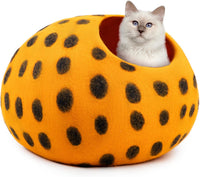 Woolygon Felt Cat Cave Bed, Merino Wool, Handcrafted – Essentials for Cats - Orange Polka