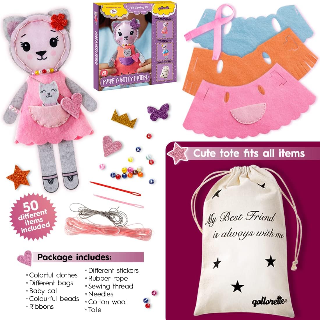 Qollorette felt sewing kit for kids with a handmade kitty stuffed toy and outfits - view 5