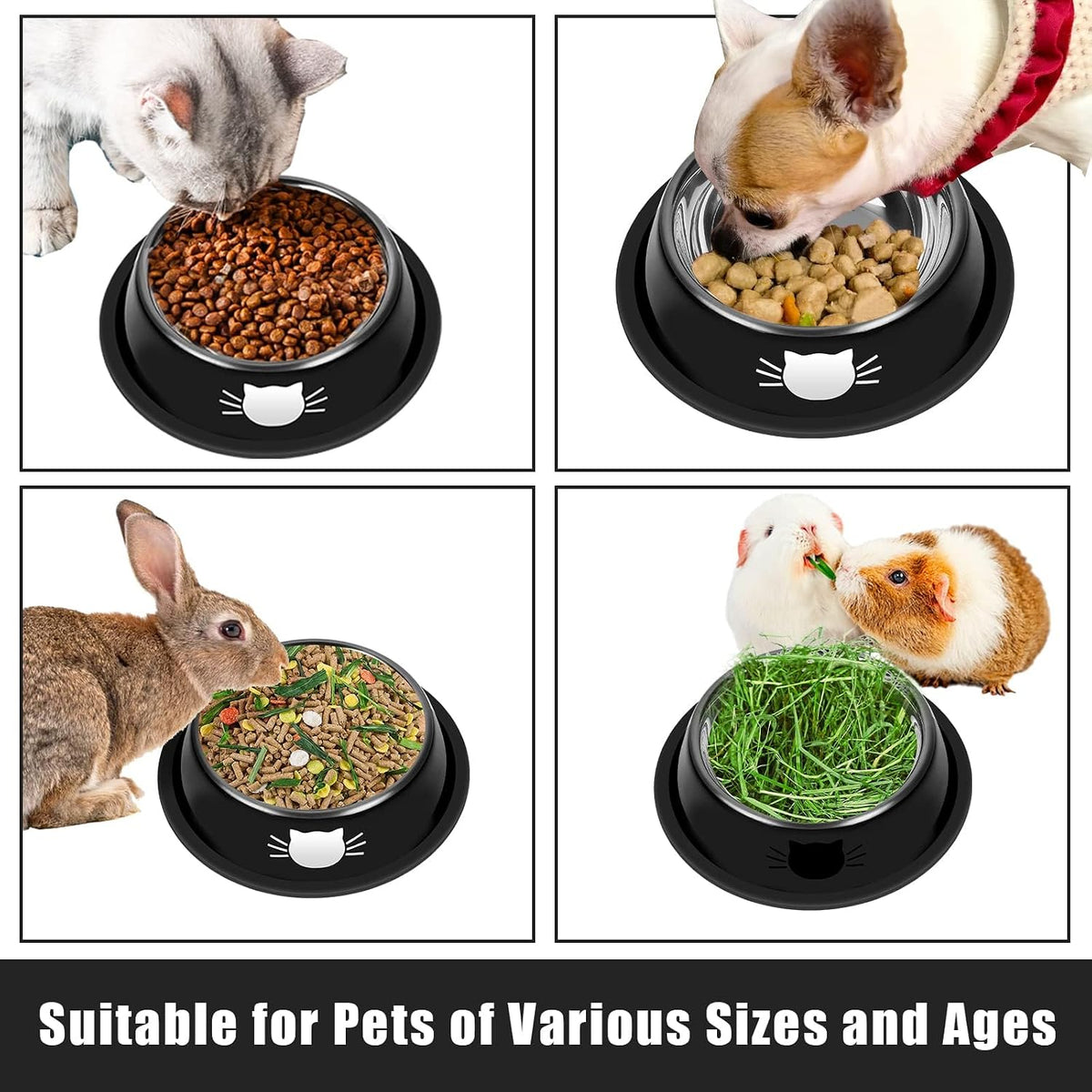 Serentive 2 Pcs Non-Slip Stainless Steel Small Cat Food Bowls - Silver, Black / 7 oz - image 3