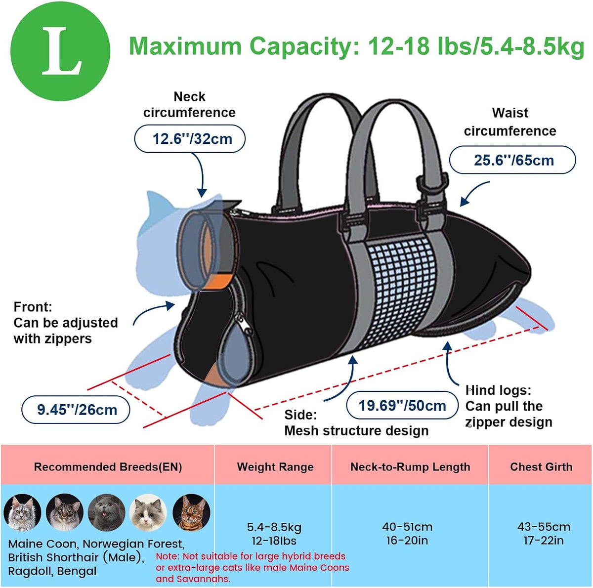 Cinf Cat Restraint Grooming Bag - L (12-18lbs) / Black - image 2
