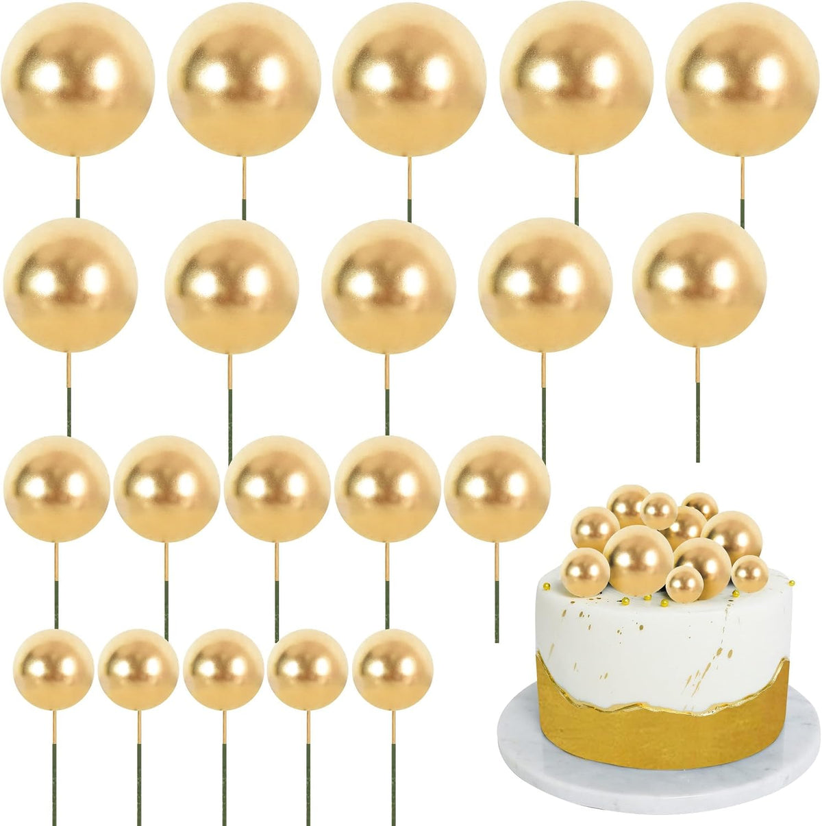 BEISHIDA 20 PCS Gold Mini Ball Cake Toppers Foam Cake Balls - Ball-gold