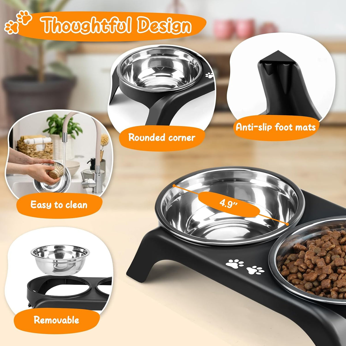 Elevated Bowls, 4 Height Adjustable Raised Stand With 2 Thick 50oz Stainless Steel Food Bowls - Black / 4.9" for Small Dogs - image 2