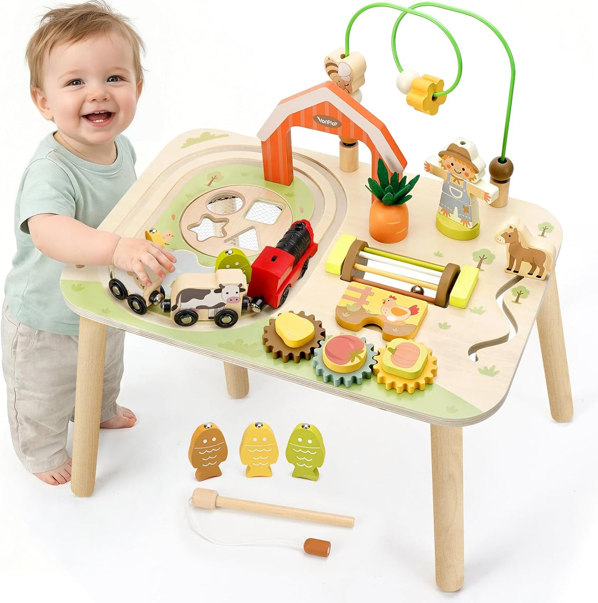 Vanplay 8 in 1 Wooden Activity Table - 10-In-1 Farm-themed