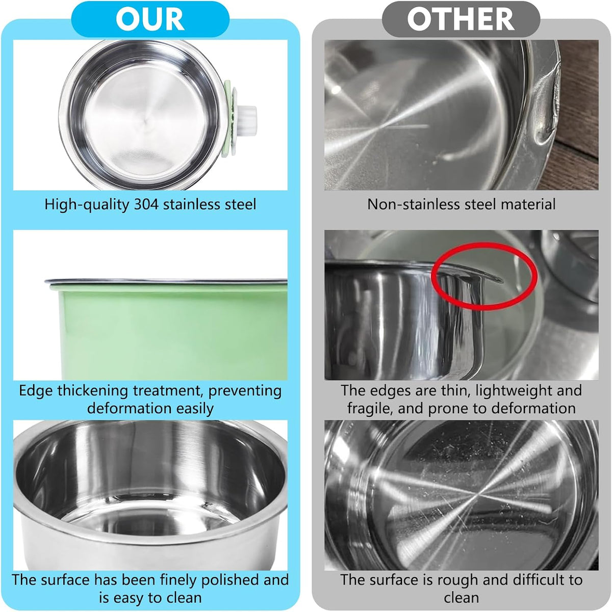 2PCS Stainless Steel Dog Bowls Set Removable Puppy Food and Water - 6 PCS / Size: L (2×Blue, 2×Green, 2×Pink) - image 3