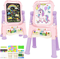 Amagoing Easel for Kids, Adjustable Standing Art Easel for Toddler, Double Side White Chalk Board - Purple Pink
