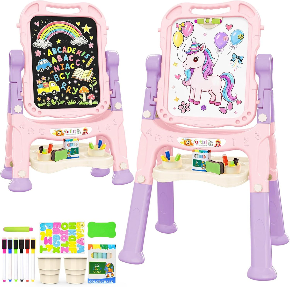 Amagoing Easel for Kids, Adjustable Standing Art Easel for Toddler, Double Side White Chalk Board - Purple Pink