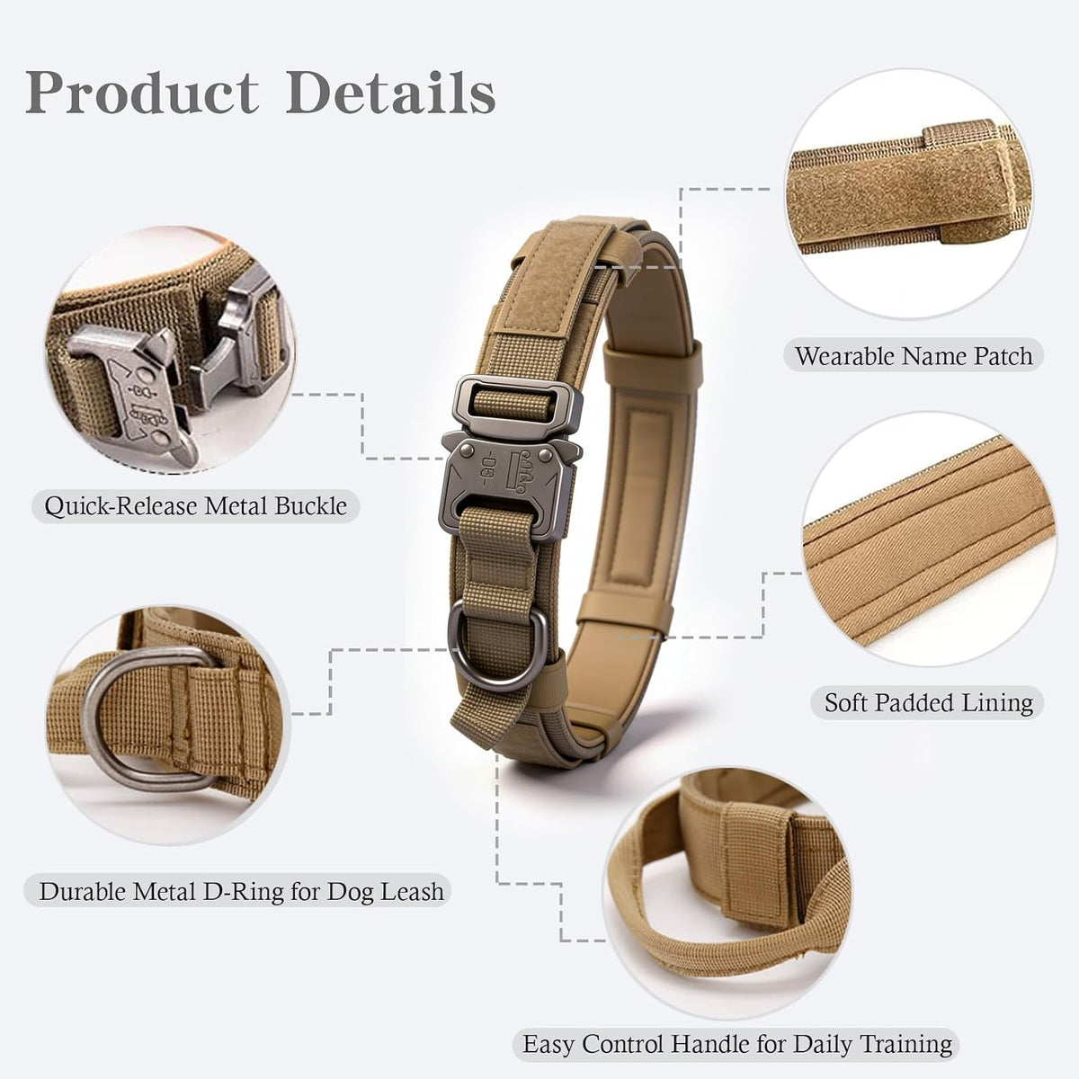 Tactical Dog Collar Adjustable Military Nylon Dog Collar with Control - Large (Pack of 1) / Brown - image 2