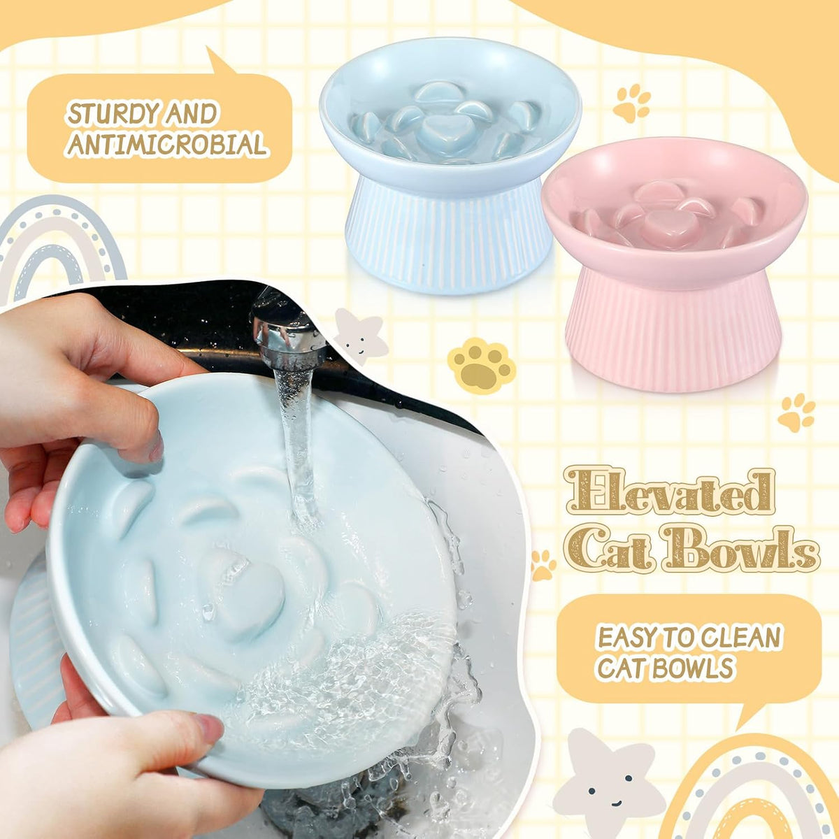 Layhit 2 Pack Raised Slow Feeder Cat Bowls Ceramic Elevated Cat Food - Blue, Pink - image 3