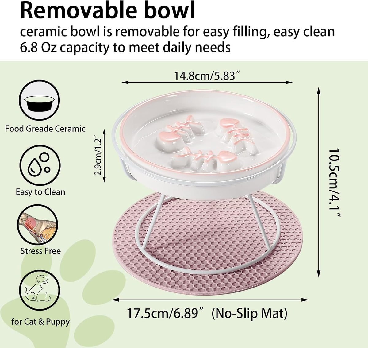 Ceramic Elevated Slow Feeder Cat Bowl, Anti Vomit - Pink+Green+Blue+Yellow - image 2