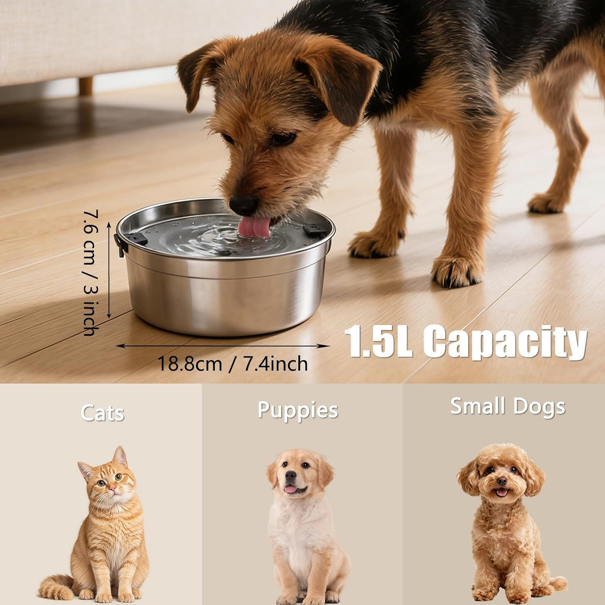 Dog Water Bowl No Spill, 1.5L/50oz Stainless Steel Slow Water Bowl for Dogs, Spill Proof Dog Bowl - Silver - image 4