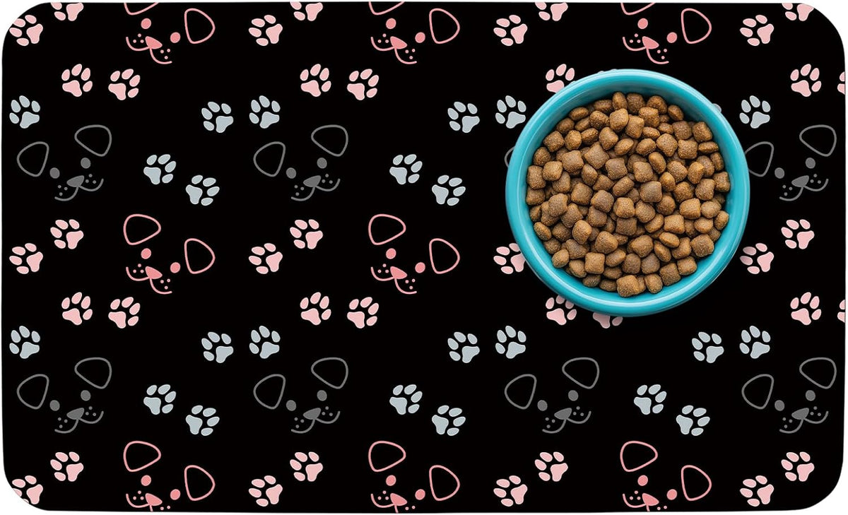 Patterned Cat & Dog Bowl Mat for Food and Water - Large (17" x 30") / Black-dog