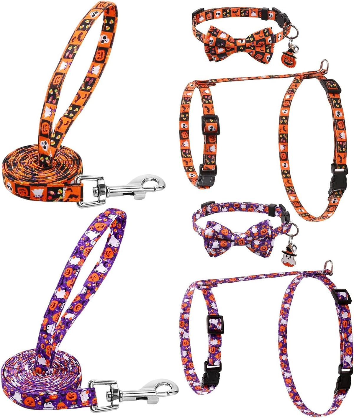 2 Pack Cat Harness and Leash with Collar Set - Halloween Orange,Purple