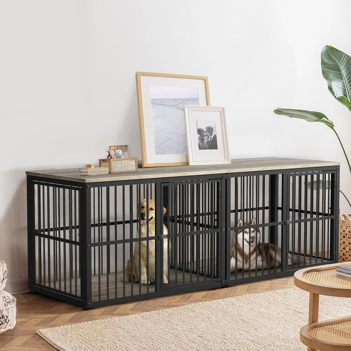 Lyromix 86.62'' Dog Crate Furniture Large Breed TV Stand, Grey – Essentials for Dogs - Ancient gray / 86.6"L x 29.9"W x 33.1"H / TV Stand Crate