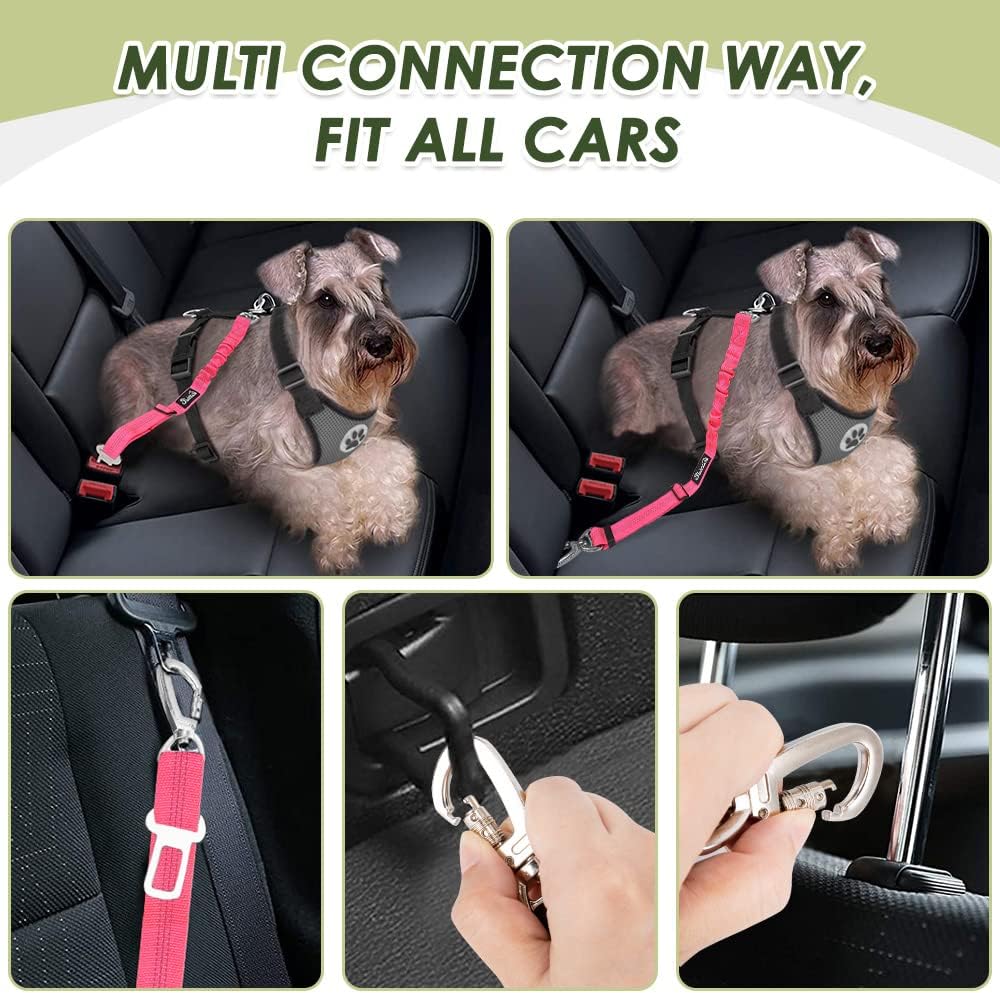 SlowTon Dog Seatbelt, 2 Pack Adjustable Heavy Duty Dog Safety Seat Belt – Essentials for Dogs - Fluorescent pink / Seatbelt Clip + Carabiner - image 4
