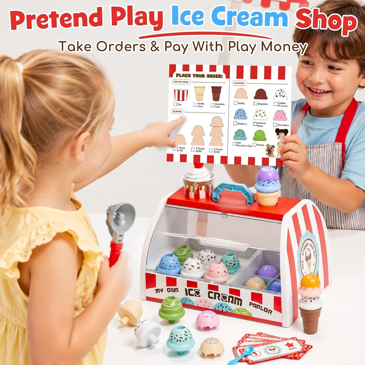 Lehoo Castle ice cream counter toy set with cones, scoop, flavors, toppings and play money - view 8