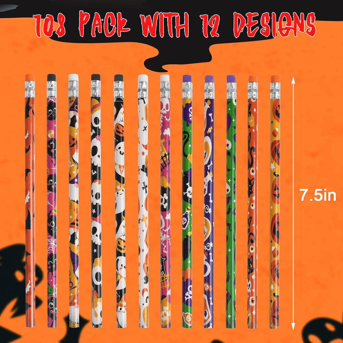 DIYASY Halloween pencils for kids, 48 wooden pencils in 12 designs with colored erasers - view 3