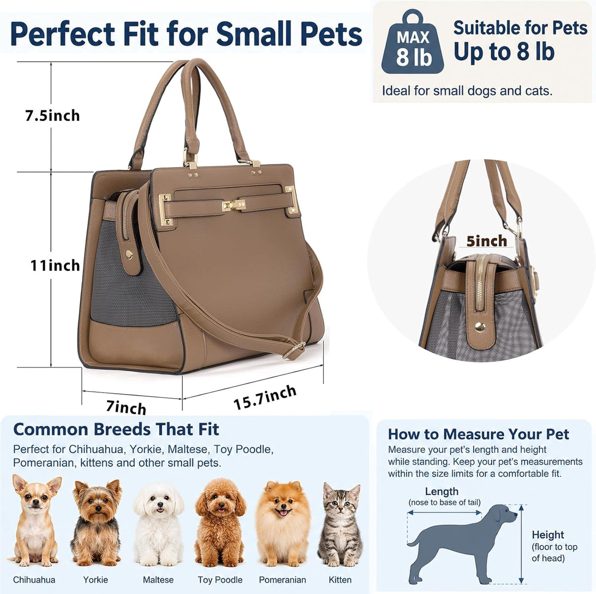 Fashion Pet Carrier Dog Cat Carrier Purse Soft-Sided Leather Handbag - Khaki - image 2