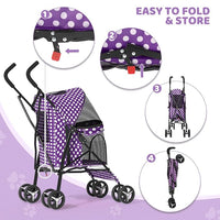 Magshion Compact Pet Stroller for Small-Medium Dogs/Cats up to 22lbs, 4-Wheel Lightweight Umbrella Shaped Portable Puppy Travel Jogger with Breathable Mesh & Rear Storage, Purple Polka Dots