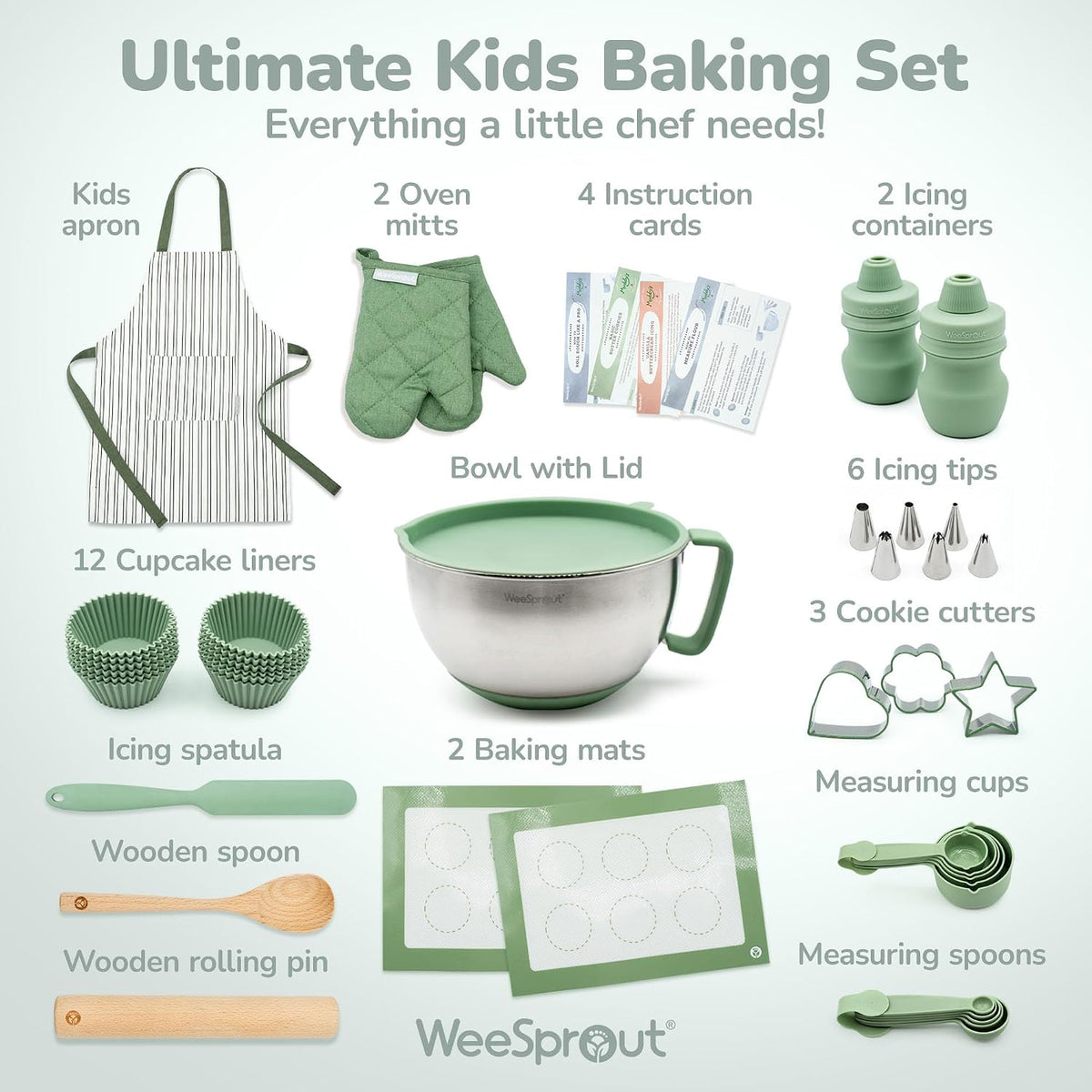 WeeSprout kids baking set in green with apron, oven mitts, rolling pin and cookie cutters - view 9