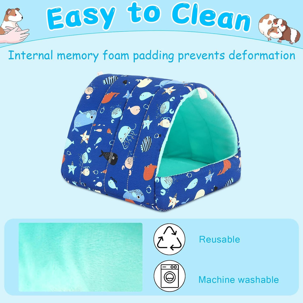 UPINS 2 Pack Guinea Pig Hideout, Washable Small Animal House Bed – Daily Care for Small Pets - 9.84 x 9.84 inch / Blue Orange - image 4