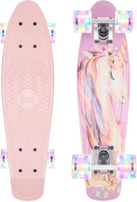 KMX Classic Retro Mini Cruiser Skateboard 22" & 27" for Boys Girls - Pink Unicorn LED / 22"