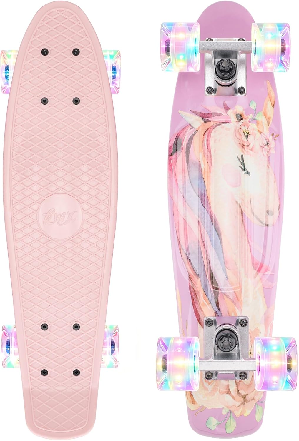 KMX Classic Retro Mini Cruiser Skateboard 22" & 27" for Boys Girls - Pink Unicorn LED / 22"