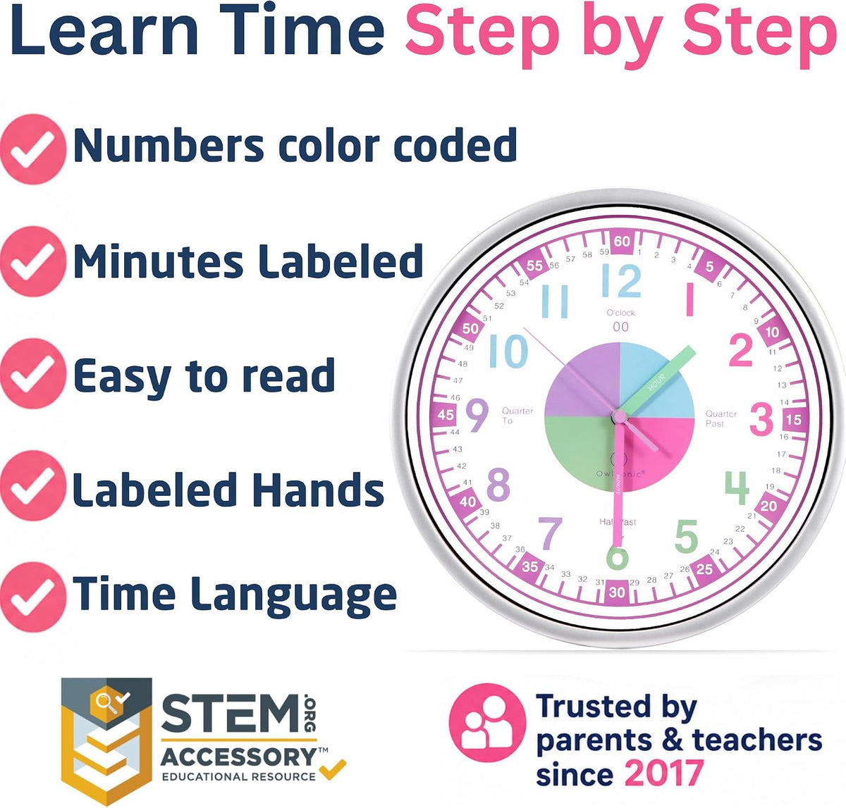 OWLCONIC Kids Teaching Clock, Learning Clock, Silent 10in - Pastel - image 3