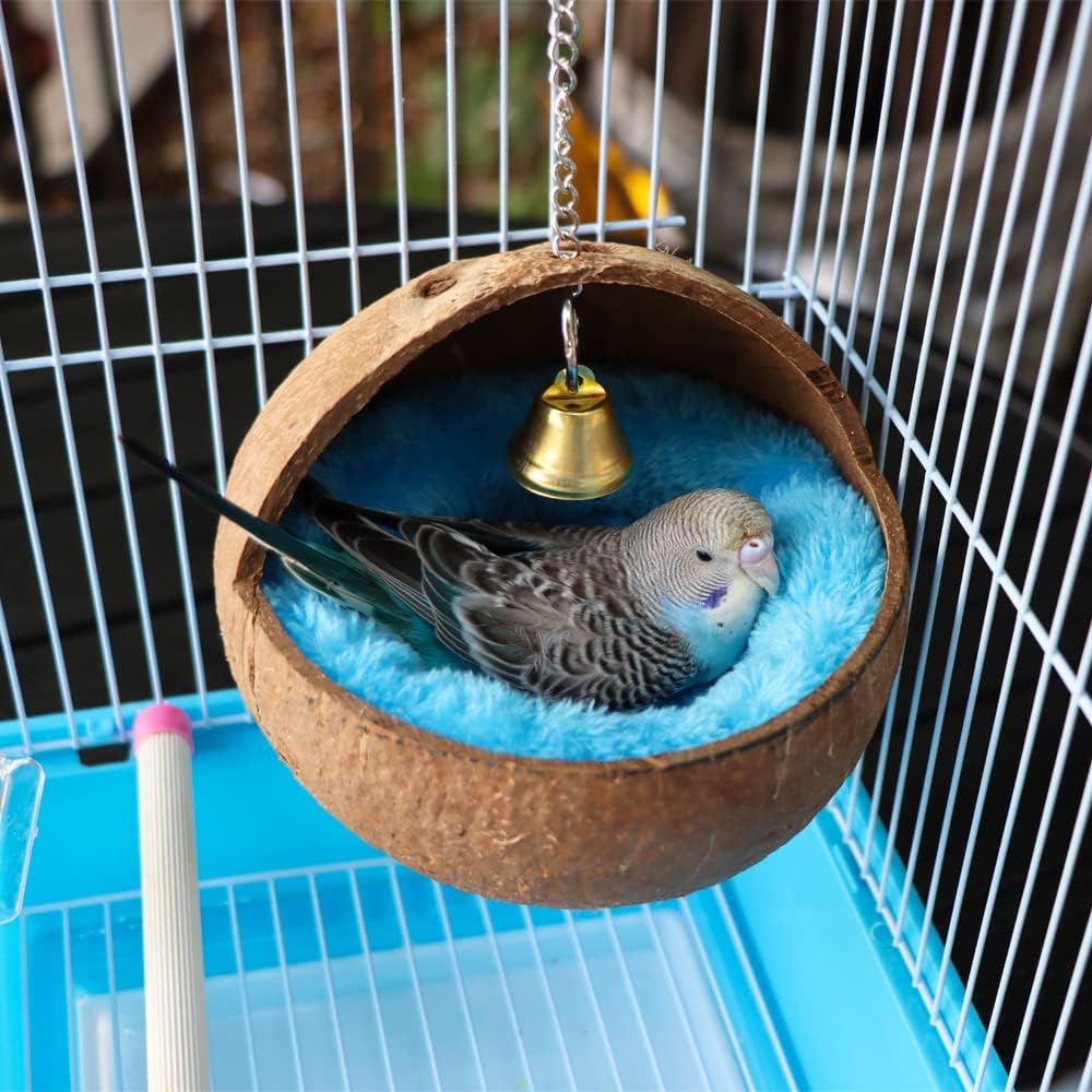 2 Pack Natural Coconut Shell Bird Nest with Pads for Small Parrots – Essentials for Birds - image 2
