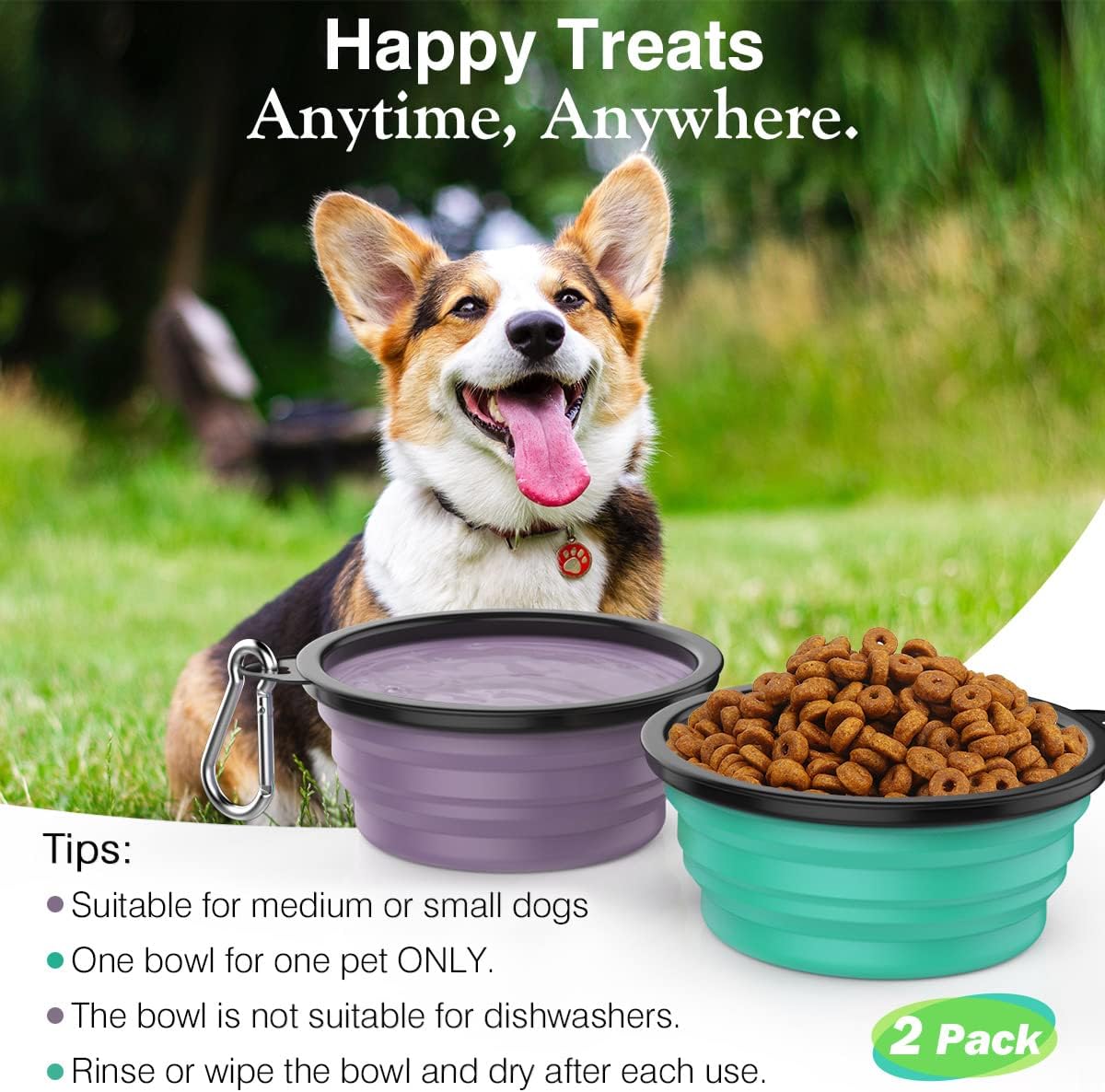 Pawaboo Collapsible Travel Dog Bowls 2 Pack with Lids&Carabiners - 1000ml(Pack of 2) / A-Violet+Turquoise - image 3