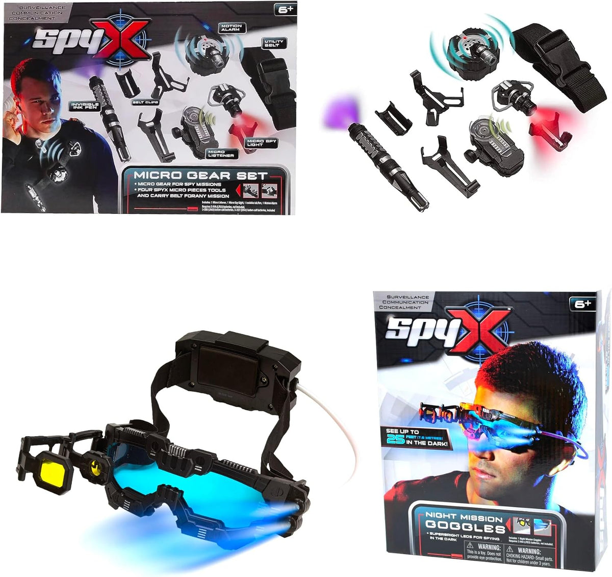 SpyX Micro Gear Set spy belt with four tools and Night Mission Goggles with LED beams