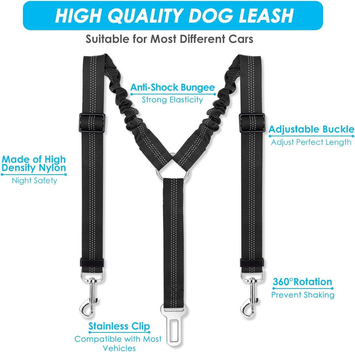 SlowTon Double Dog Seat Belt for Car with Elastic Bungee Buffer - A.Black / 2 Medium in 1 - image 3