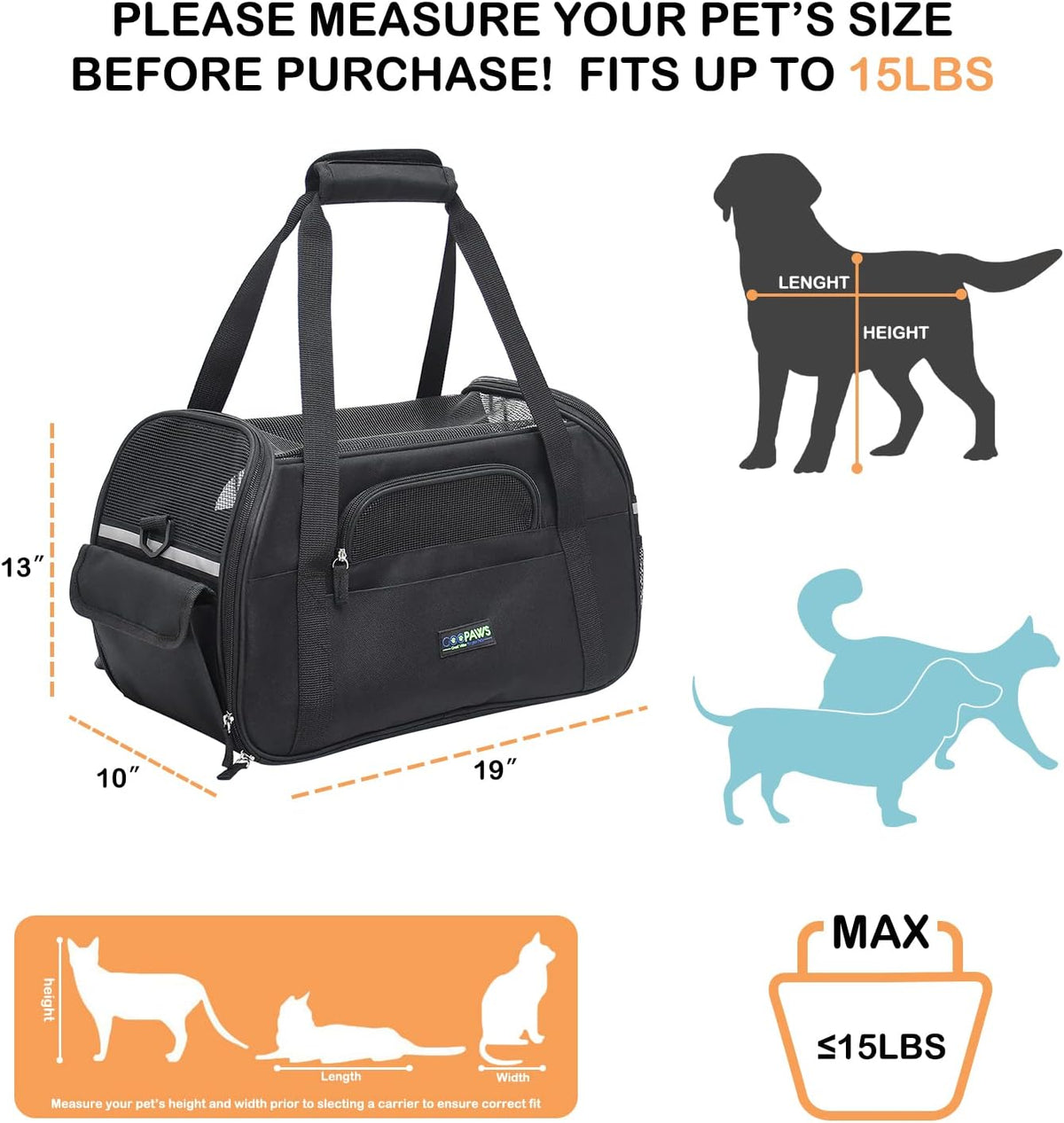 JESPET Soft-Sided Airline-Approved Dog & Cat Carrier Travel Bag – Essentials for Cats - 19.0"L x 10.0"W x 13.0"H / Black - image 2