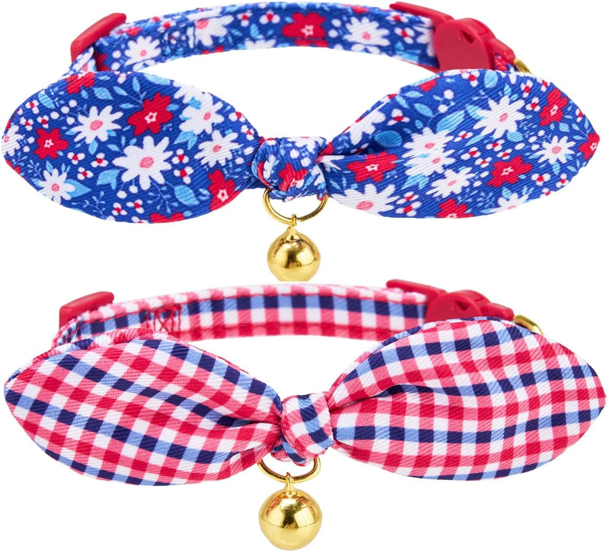 Cotton Bowtie Cat Collar with Bell 2 Pack Adjustable Breakaway Kitten - Red Blue Set / 7.5-11.4 Inch (Pack of 2)